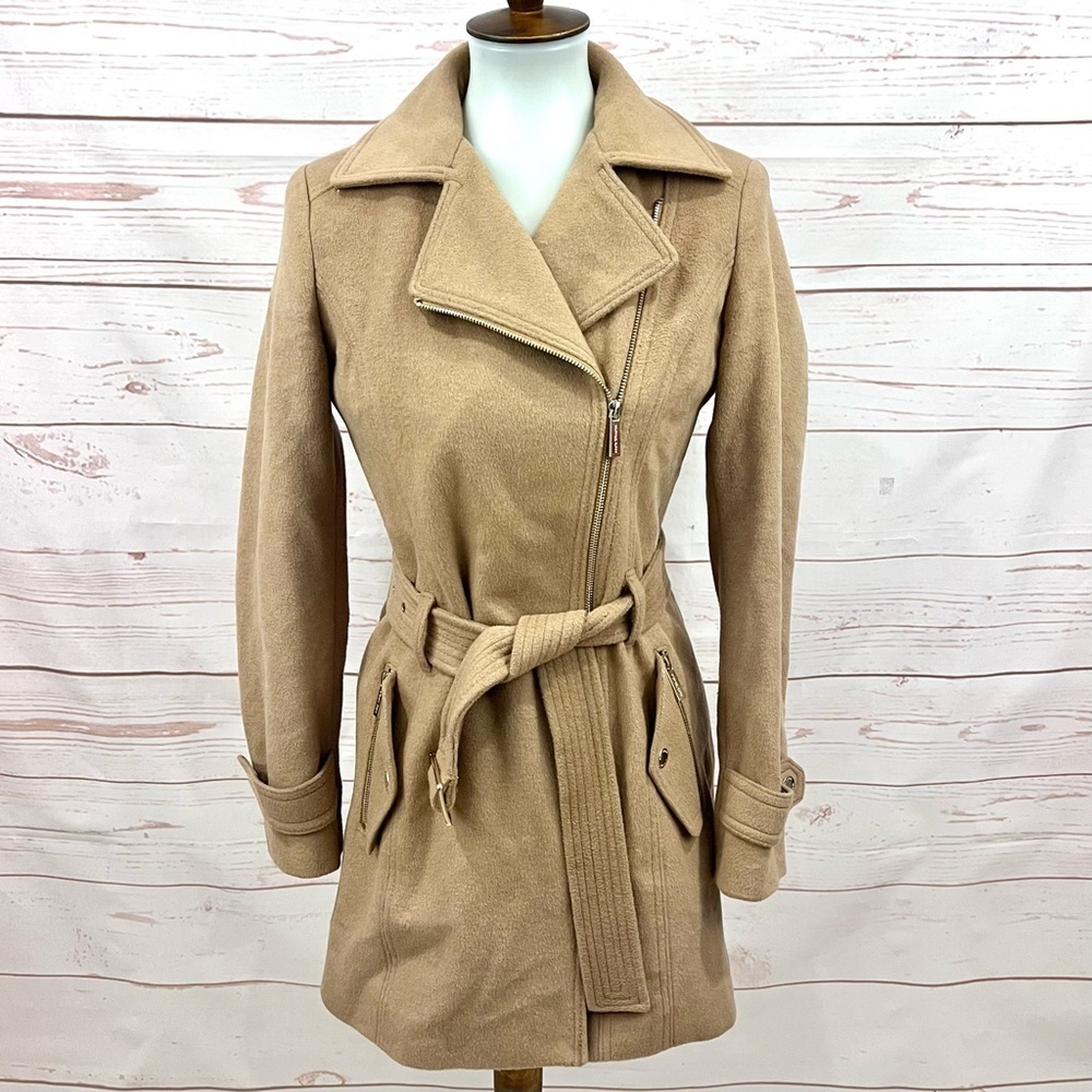 Michael Kors Wool Blend Asymmetrical Zip Moto Wrap Trench Coat Camel Tan